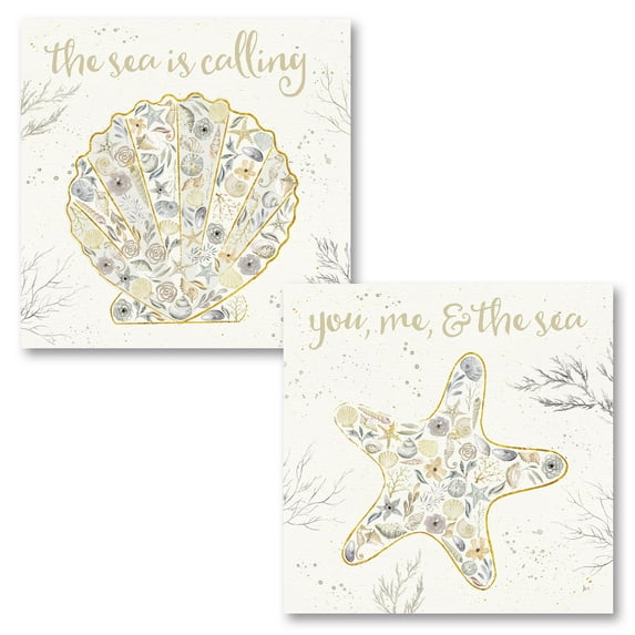 Gango Home Decor Coastal Seaside Blossoms I & II Neutral by Jess Aiken (Printed on Paper); Two 16x16in Fine Art Paper Giclee Prints