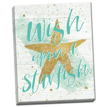 Gango Home Decor Coastal Silver Sea Life Aqua Starfish Shiplap by Wild Apple Portfolio (Ready to Hang); One 16x20in Hand-Stretched Canvas
