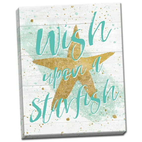 Gango Home Decor Coastal Silver Sea Life Aqua Starfish Shiplap by Wild Apple Portfolio (Ready to Hang); One 16x20in Hand-Stretched Canvas