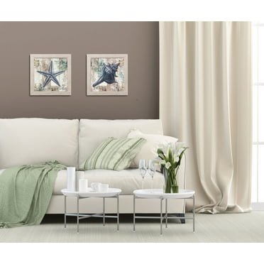 Gango Home Decor Coastal Spa Starfish and Sea Shell Wall Art; Two Blue 12x12in Art Prints in Distressed White Frames