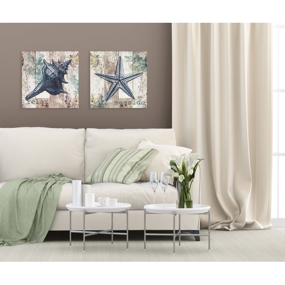Gango Home Decor Coastal Spa Starfish and Sea Shell Wall Art; Two Blue 16x16in Fine Art Paper Giclee Prints