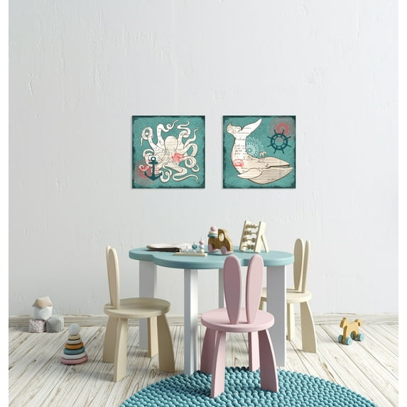 Gango Home Decor Coastal Teal and Cream Nautical Whale, Octopus, Captain's Wheel and Anchor Coastal Print Set by Onna K (Printed on Paper); Two 12x12in Unframed Paper Posters