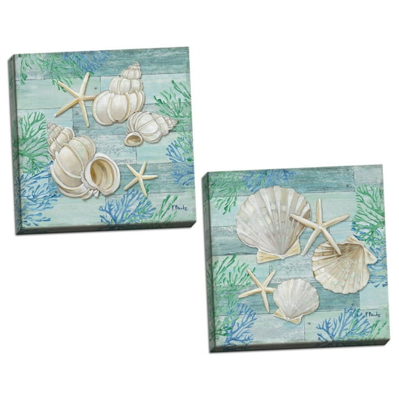 Gango Home Decor Coastal Watercolor Beach Decor | Blue, Green & Cream Shell & Starfish; Two 12x12in Hand-Stretched Canvases