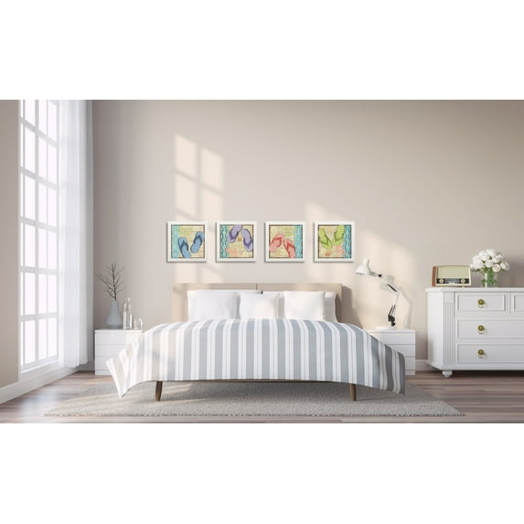 Gango Home Decor Colorful Coastal Flip Flop Wall Art; Four Blue 12x12in Art Prints in White Frames