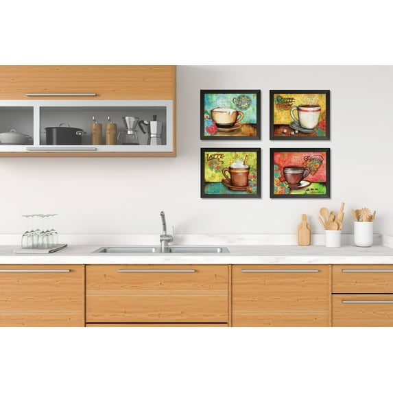 Gango Home Decor Colorful Coffee Cup Kitchen Wall Art; Four Multi-Color 10x8in Art Prints in Black Frames