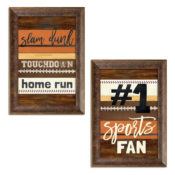 Gango Home Decor Contemporary #1 Sports Fan & Sports Trio; Two 12x18in Art Prints in Gold Trim Brown Frames