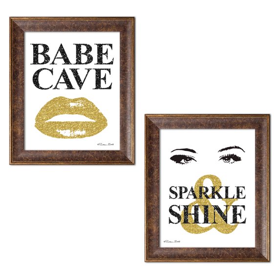 Gango Home Decor Contemporary Babe Cave & Sparkle & Shine; Two 12x16in Art Prints in Gold Trim Brown Frames