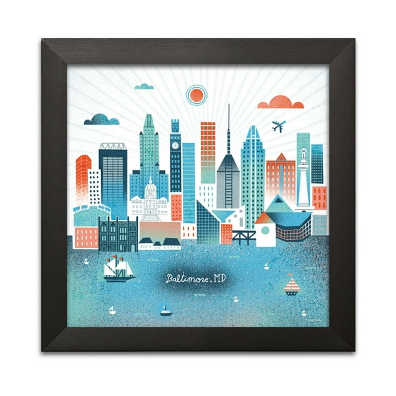 Gango Home Decor Contemporary Baltimore Skyline by Michael Mullan (Ready to Hang); One 12x12in Black Framed Print