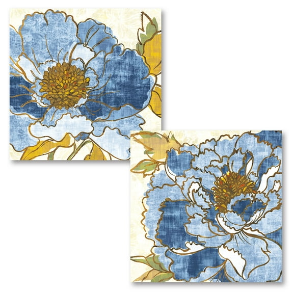 Gango Home Decor Contemporary Camilles Peony I & II Indigo by Sue Schlabach (Printed on Paper); Two 16x16in Fine Art Paper Giclee Prints