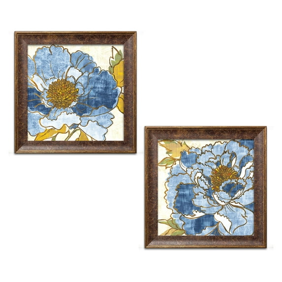 Gango Home Decor Contemporary Camilles Peony I & II Indigo by Sue Schlabach (Ready to Hang); Two 12x12in Gold Trim Framed Prints
