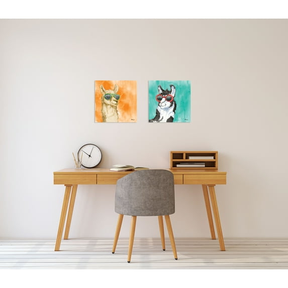 Gango Home Decor Contemporary Contemporary Teal and Orange Humorous Watercolor-Style Sunglass Wearing Llama Set by Paul Brent (Printed on Paper); Two 12x12in Unframed Paper Posters