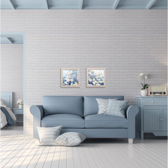 Gango Home Decor Contemporary Dogwood Blossoms I & II Indigo; Two 12x12in Art Prints in Distressed White Frames