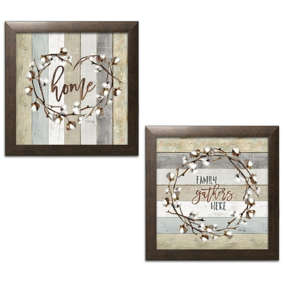Gango Home Decor Contemporary Family Gathers Here Cotton Wreath & Home Cotton Wreath; Two 12x12in Art Prints in Brown Frames