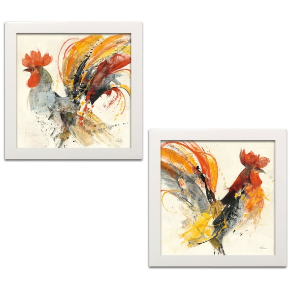 Gango Home Decor Contemporary Festive Rooster I & Festive Rooster II by Albena Hristova (Ready to Hang); Two 12x12in White Framed Prints
