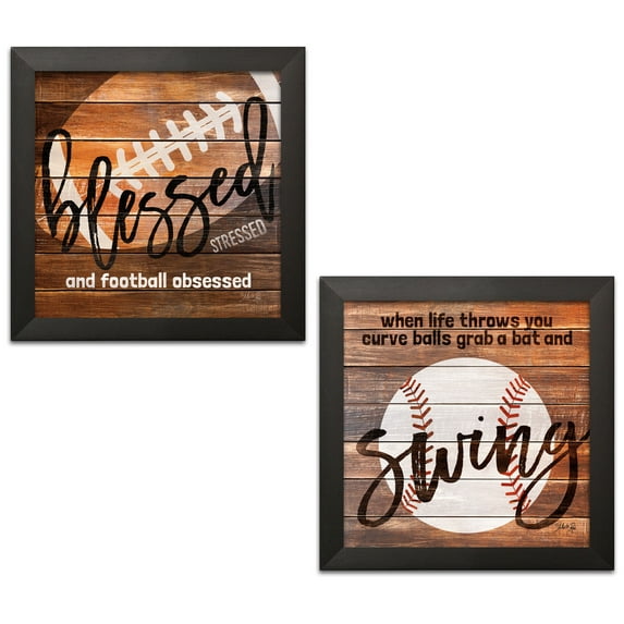Gango Home Decor Contemporary Grab a Bat and Swing & Football Obsessed by Marla Rae (Ready to Hang); Two 12x12in Black Framed Prints