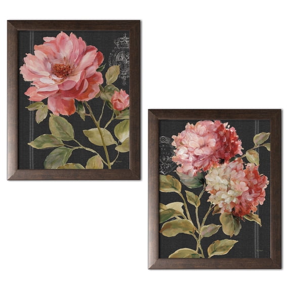 Gango Home Decor Contemporary Harmonious Rose Black & Hydrangeas by Lisa Audit (Ready to Hang); Two 11x14in Brown Framed Prints
