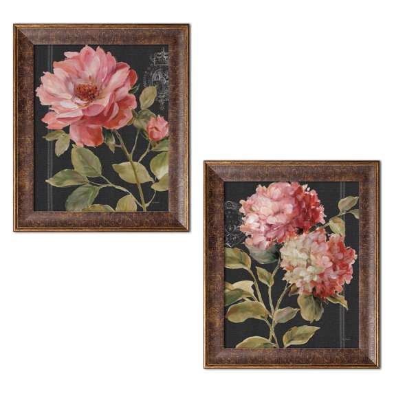 Gango Home Decor Contemporary Harmonious Rose Black & Hydrangeas by Lisa Audit (Ready to Hang); Two 11x14in Gold Trim Framed Prints