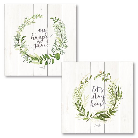 Gango Home Decor Contemporary Let's Stay Home Wreath & My Happy Place Wreath by Marla Rae (Printed on Paper); Two 12x12in Unframed Paper Posters