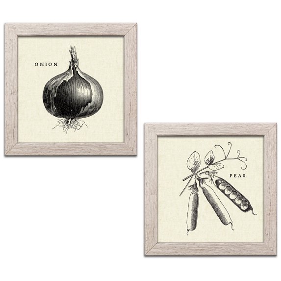 Gango Home Decor Contemporary Linen Vegetable BW Sketch Onion & Peas by Studio Mousseau (Ready to Hang); Two 12x12in Distressed Framed Prints