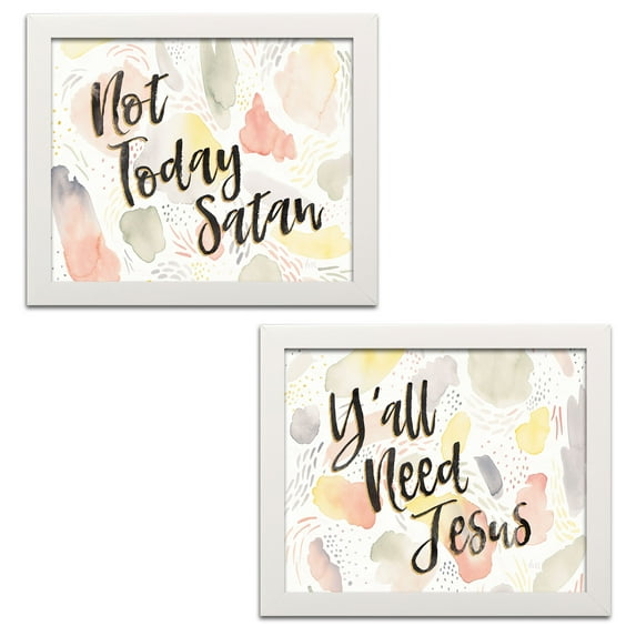 Gango Home Decor Contemporary Meadow Breeze VI Not Today Satan & VII Yall Need Jesus by Laura Marshall (Ready to Hang); Two 14x11in White Framed Prints