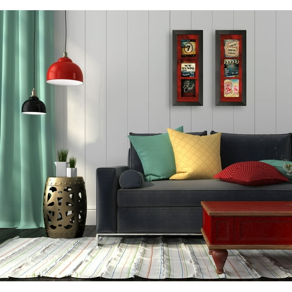 Gango Home Decor Contemporary Movie Entertainment Wall Art; Two Red 6x18in Art Prints in Black Frames