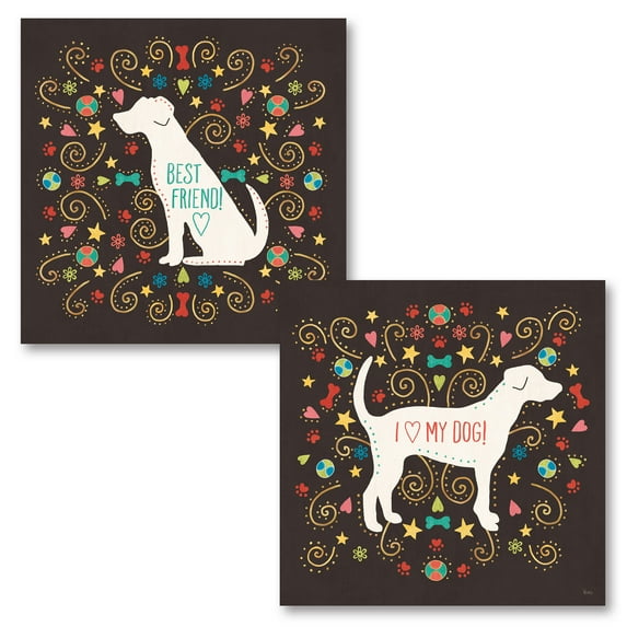 Gango Home Decor Contemporary Otomi Dogs II Dark & Otomi Dogs III Dark by Veronique Charron (Printed on Paper); Two 16x16in Fine Art Paper Giclee Prints