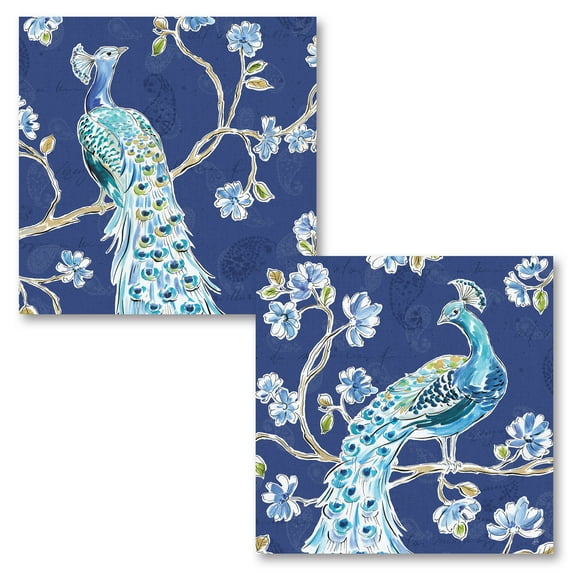 Gango Home Decor Contemporary Peacock Allegory III & IV Blue by Daphne Brissonnet (Printed on Paper); Two 12x12in Unframed Paper Posters