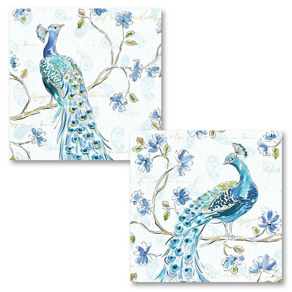 Gango Home Decor Contemporary Peacock Allegory III & IV White by Daphne Brissonnet (Printed on Paper); Two 16x16in Fine Art Paper Giclee Prints