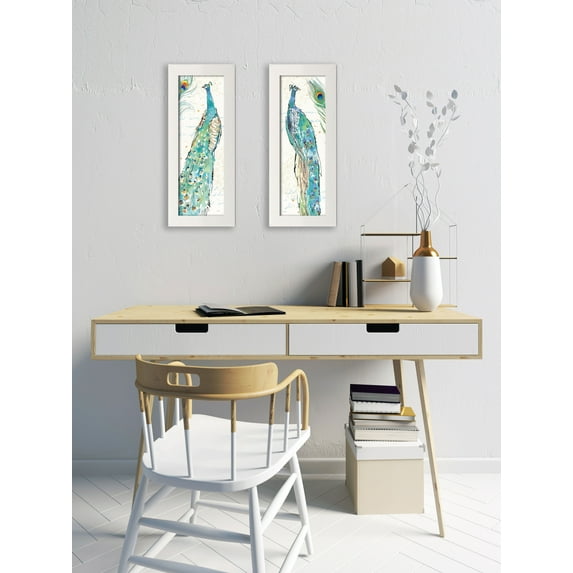 Gango Home Decor Contemporary Peacock Garden III & IV; Two 8x20in Art Prints in White Frames