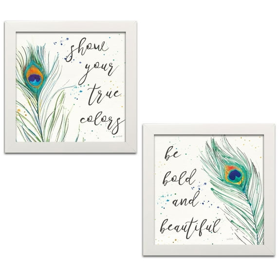 Gango Home Decor Contemporary Peacock Garden VII & VIII; Two 12x12in Art Prints in White Frames