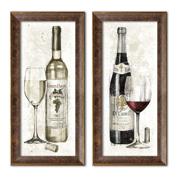 Gango Home Decor Contemporary Pencil Wine I & II; Two 8x18in Art Prints in Gold Trim Brown Frames