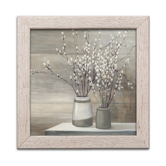 Gango Home Decor Contemporary Pussy Willow Still Life Gray Pots Crop by Julia Purinton (Ready to Hang); One 12x12in Distressed Framed Print