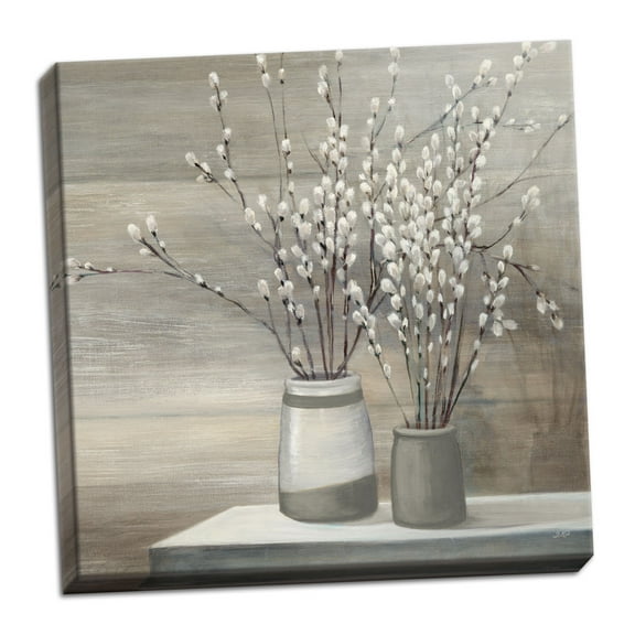 Gango Home Decor Contemporary Pussy Willow Still Life Gray Pots Crop by Julia Purinton (Ready to Hang); One 12x12in Hand-Stretched Canvas