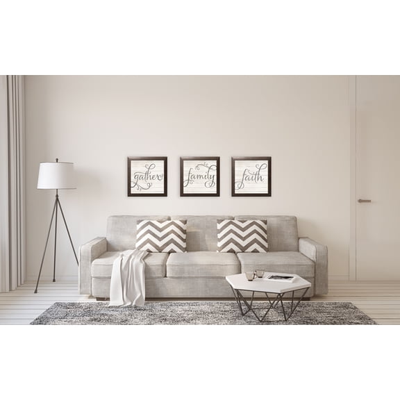 Gango Home Decor Contemporary Simple Words - Faith, Family, & Gather; Three 12x12in Art Prints in Brown Frames