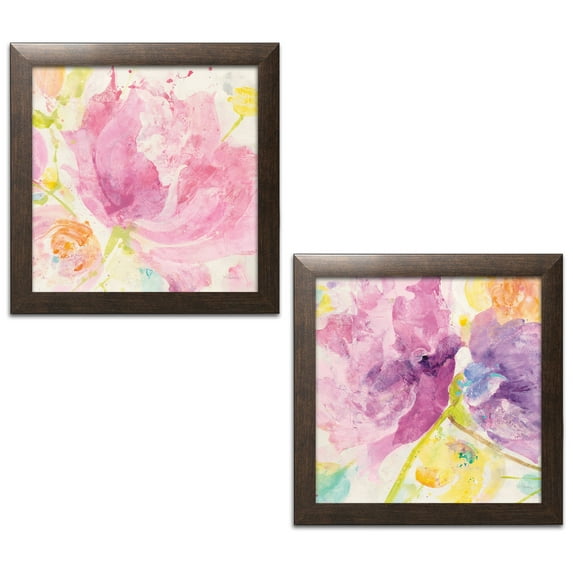 Gango Home Decor Contemporary Spring Abstracts Florals I & II; Two 12x12in Art Prints in Brown Frames