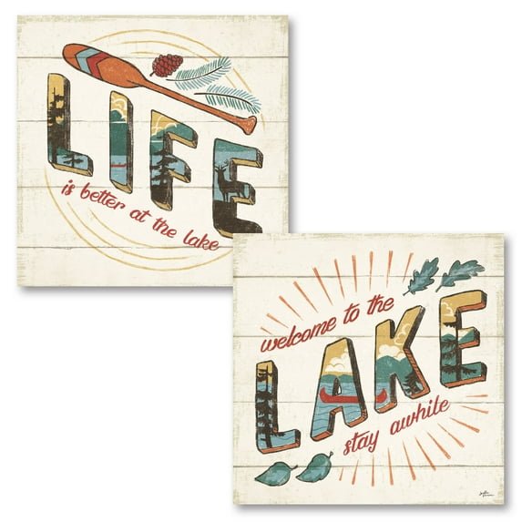 Gango Home Decor Contemporary Vintage Lake Adult Cabin Decor; Two 16x16in Fine Art Paper Giclee Prints