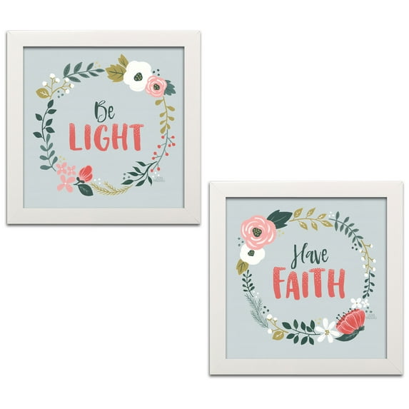 Gango Home Decor Contemporary Wildflower Daydreams III Be Light & IV Have Faith by Laura Marshall (Ready to Hang); Two 12x12in White Framed Prints