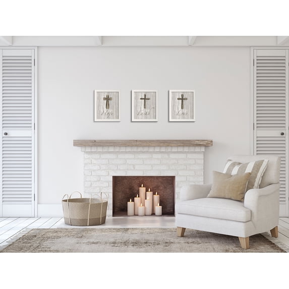 Gango Home Decor Contemporary Words for Worship Faith, Hope & Love on Wood; Three 11x14in Art Prints in White Frames