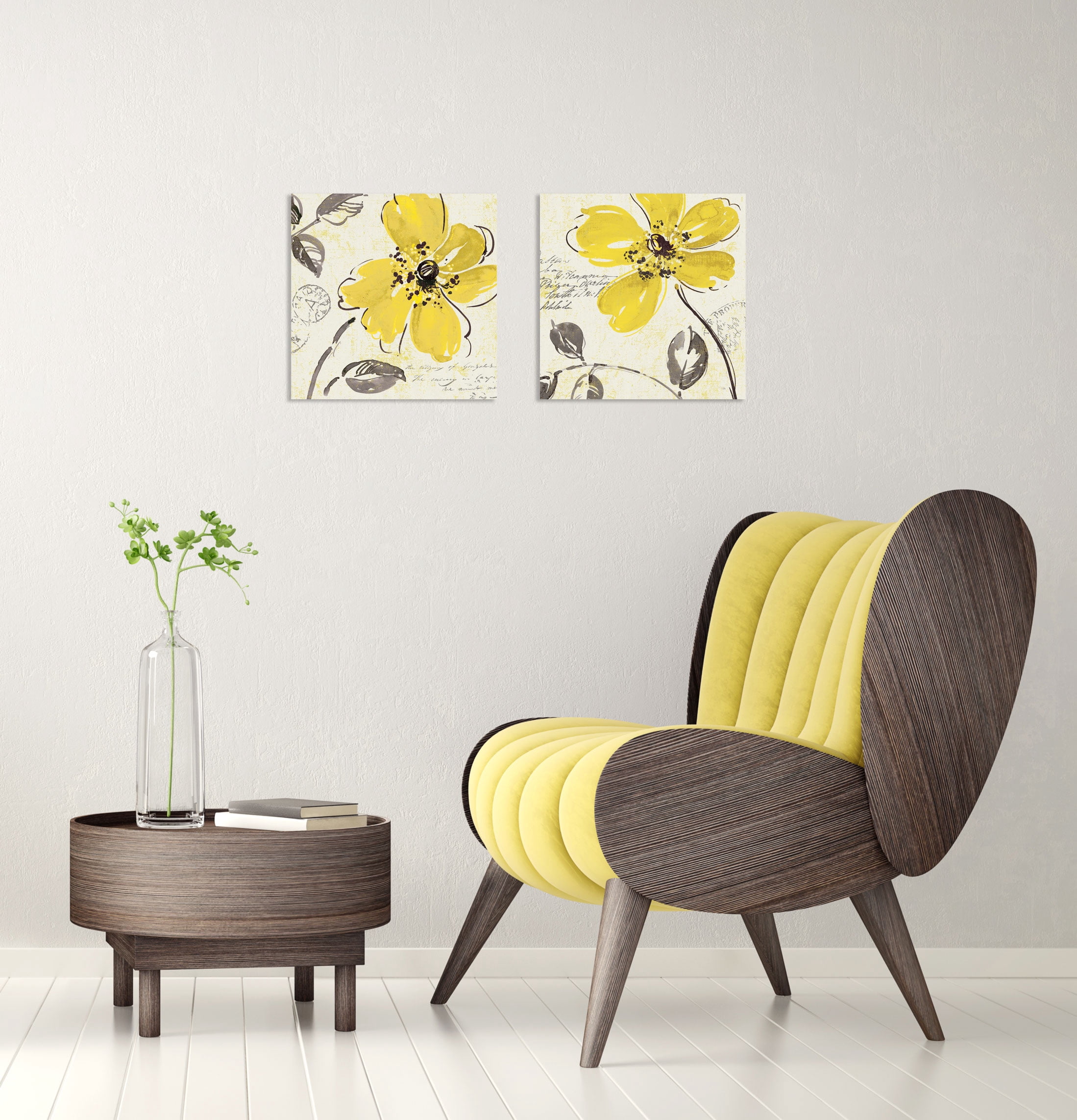 Gango Home Decor Contemporary Yellow Floral Wall Art ; Two Yellow ...
