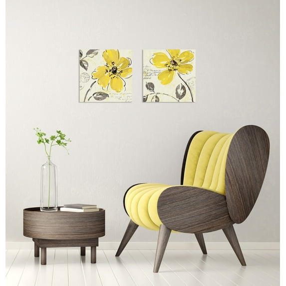 Gango Home Decor Contemporary Yellow Floral Wall Art ; Two Yellow 12x12in Unframed Paper Prints