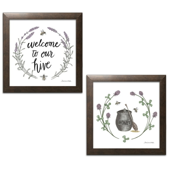 Gango Home Decor Cottage Happy to Bee Home IV & II; Two 12x12in Art Prints in Brown Frames