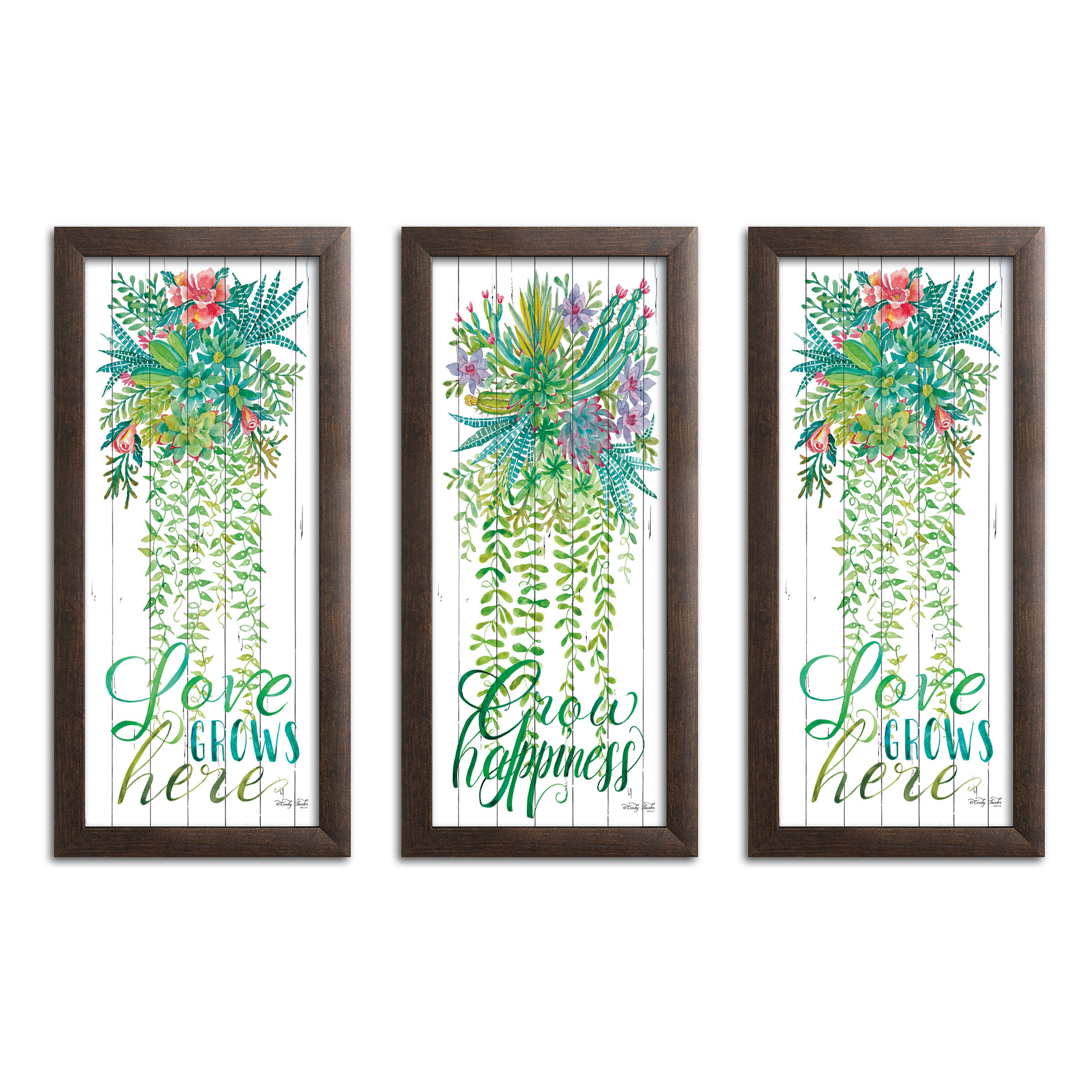 Gango Home Decor Cottage Love Grows Here, Grow Happiness, & Love Makes a House a Home by Cindy Jacobs (Ready to Hang); Three 8x18in Brown Framed Prints - image 1 of 6