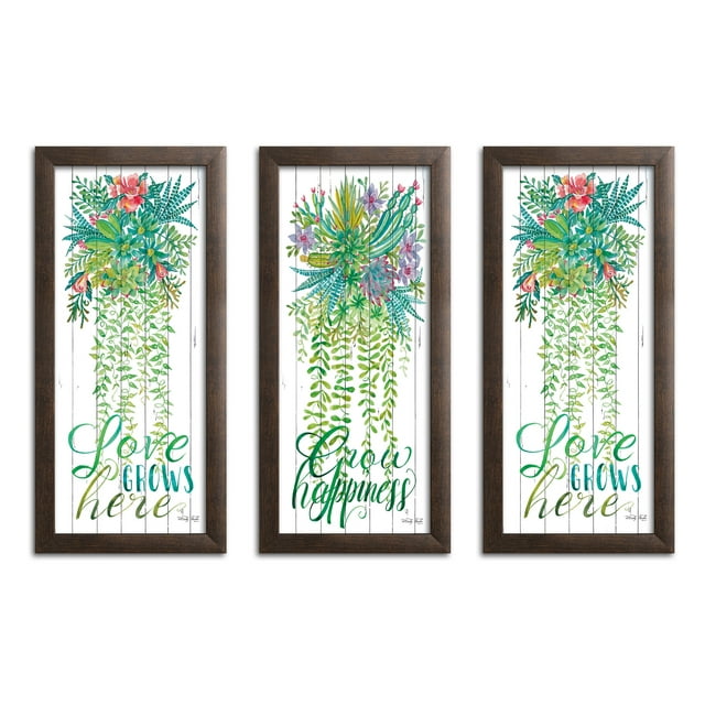 Gango Home Decor Cottage Love Grows Here, Grow Happiness, & Love Makes a House a Home by Cindy Jacobs (Ready to Hang); Three 8x18in Brown Framed Prints