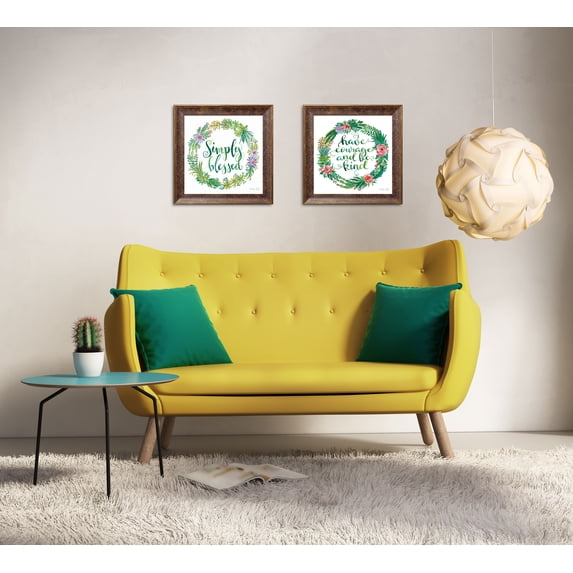 Gango Home Decor Cottage Simply Blessed & Have Courage Succulent Wreath; Two 12x12in Art Prints in Gold Trim Brown Frames