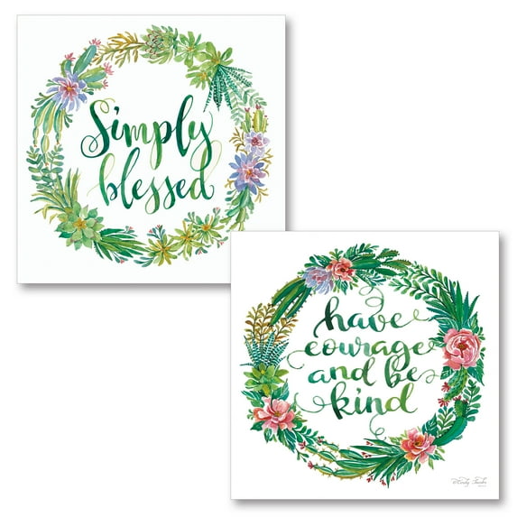 Gango Home Decor Cottage Simply Blessed Succulent Wreath & Have Courage Succulent Wreath by Cindy Jacobs (Printed on Paper); Two 12x12in Unframed Paper Posters