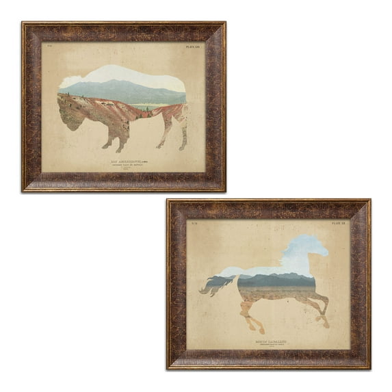 Gango Home Decor Country-Rustic American Southwest Horse & Buffalo Distressed by Wild Apple Portfolio (Ready to Hang); Two 14x11in Gold Trim Framed Prints