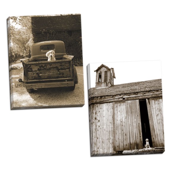Gango Home Decor Country-Rustic Barnyard Dog & Get Out of Dodge by Jim Dratfield (Ready to Hang); Two 16x20in Hand-Stretched Canvases