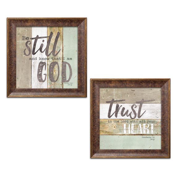 Gango Home Decor Country-Rustic Be Still & Know that I Am God & Trust in the Lord; Two 12x12in Art Prints in Gold Trim Brown Frames