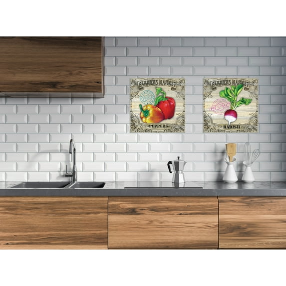 Gango Home Decor Country-Rustic Distressed "Farmers Market" Radish and Bellpepper Kitchen Décor Print Set by Onna K (Printed on Paper); Two 12x12in Unframed Paper Posters