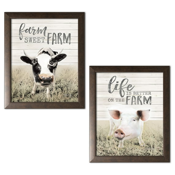 Gango Home Decor Country-Rustic Farm Animal Adult Kitchen Decor; 2 - 12" x 16" Brown Frames